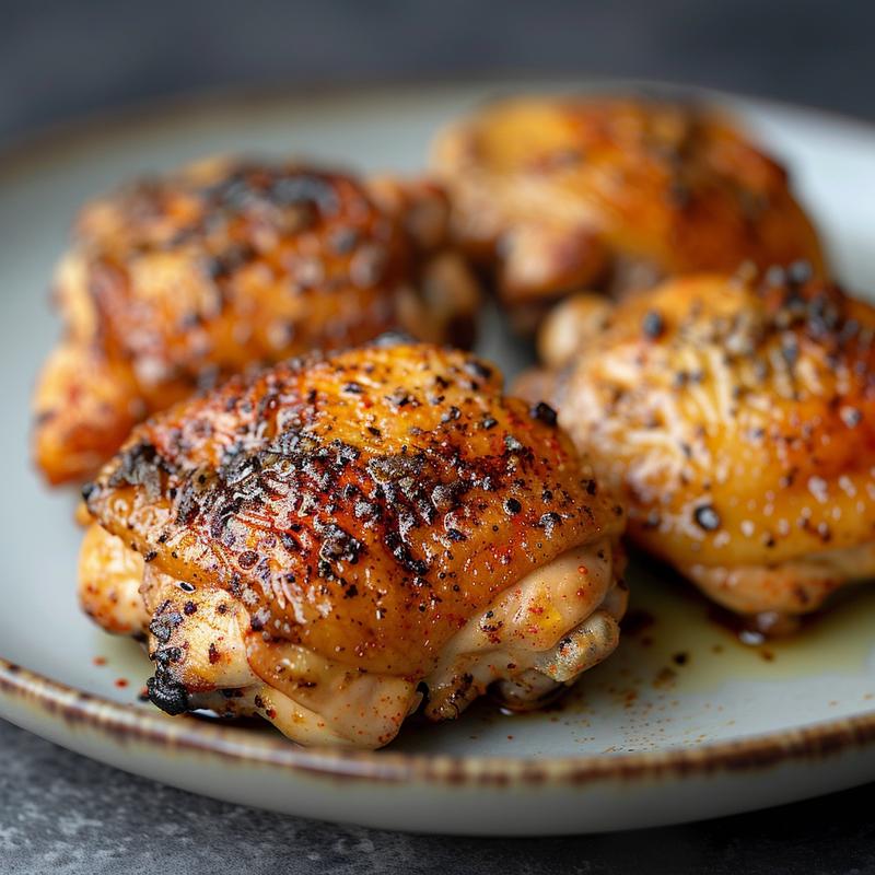 Close-up of seasoned, cooked chicken thighs on a light gray plate.
