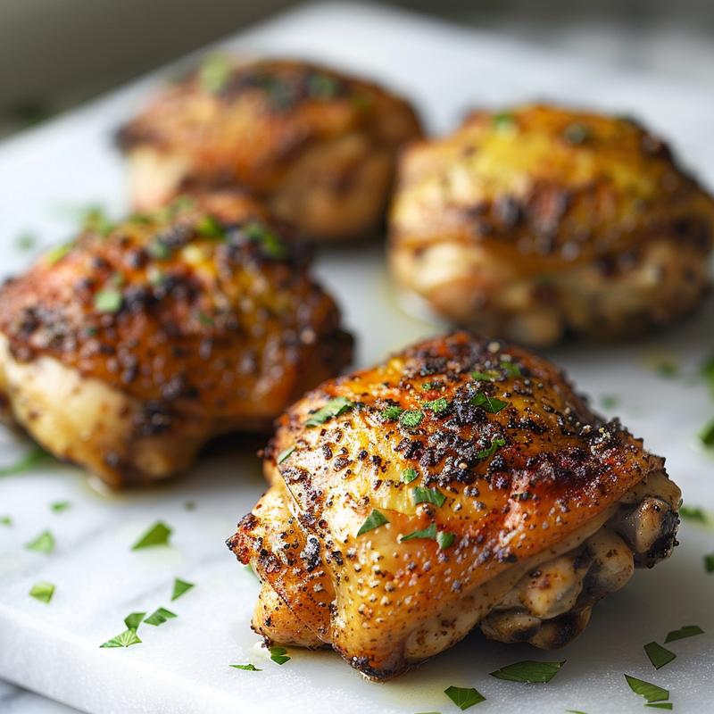 Close-up of golden-brown air-fried chicken thighs on white marble.