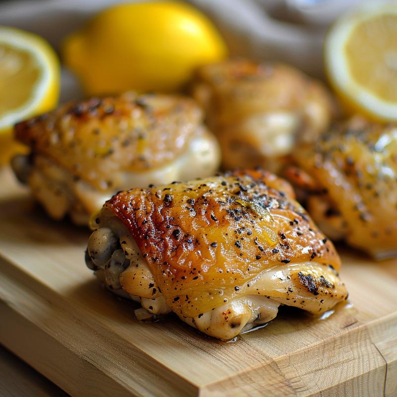 Close-up of lemon pepper chicken thighs on a light wood board.