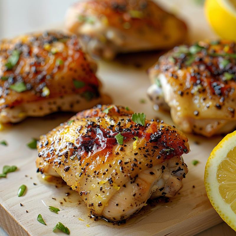 Close-up of lemon pepper chicken thighs on wood.