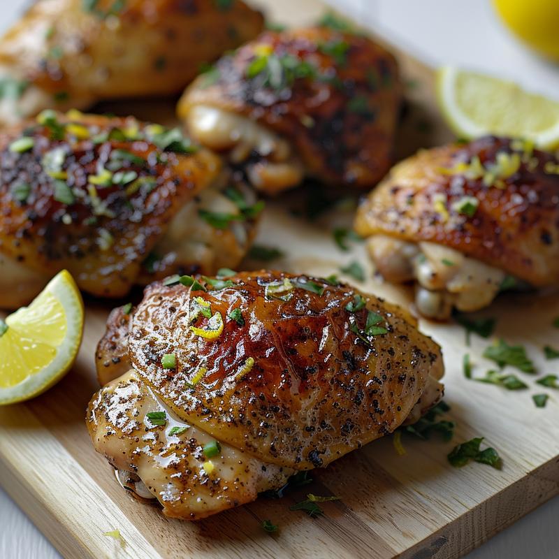 Close-up of baked lemon pepper chicken thighs on a wood board.