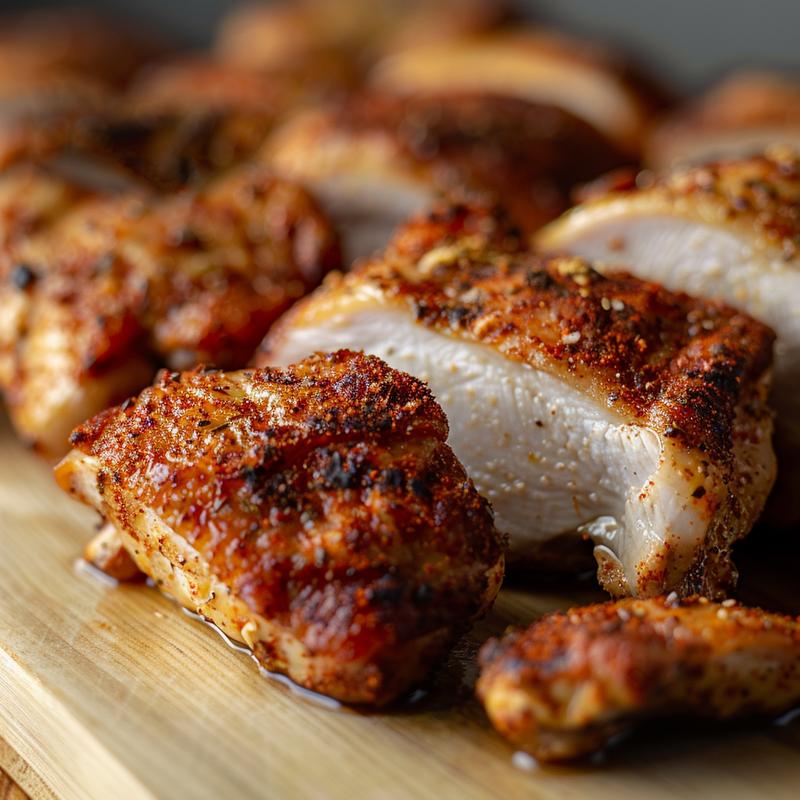 Close up of golden-brown air fryer chicken thighs on a light wood surface.