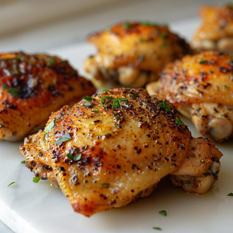 Close-up of golden-brown air-fried chicken thighs on white marble.