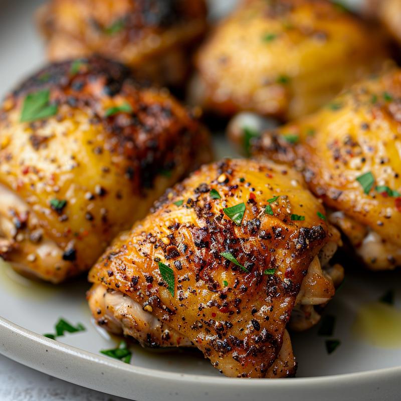Close-up of perfectly cooked, golden-brown air fryer chicken thighs on a light grey plate.