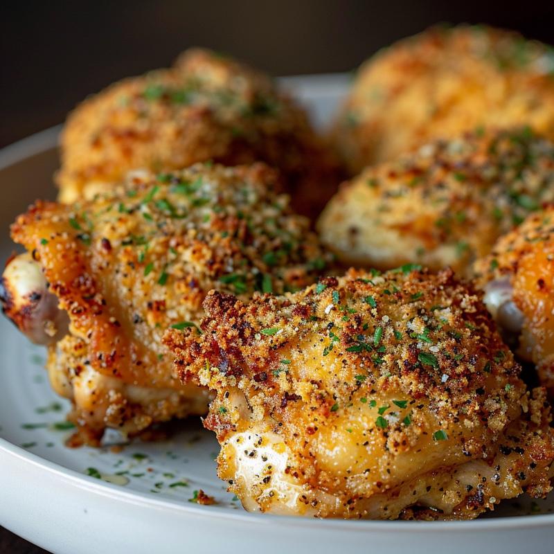 Close-up of crispy, golden-brown panko-crusted chicken thighs on a light grey plate.