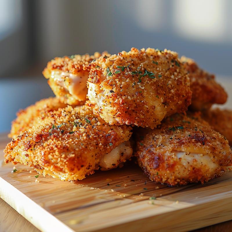 Close-up of golden-brown, crispy panko chicken thighs on a wood board.
