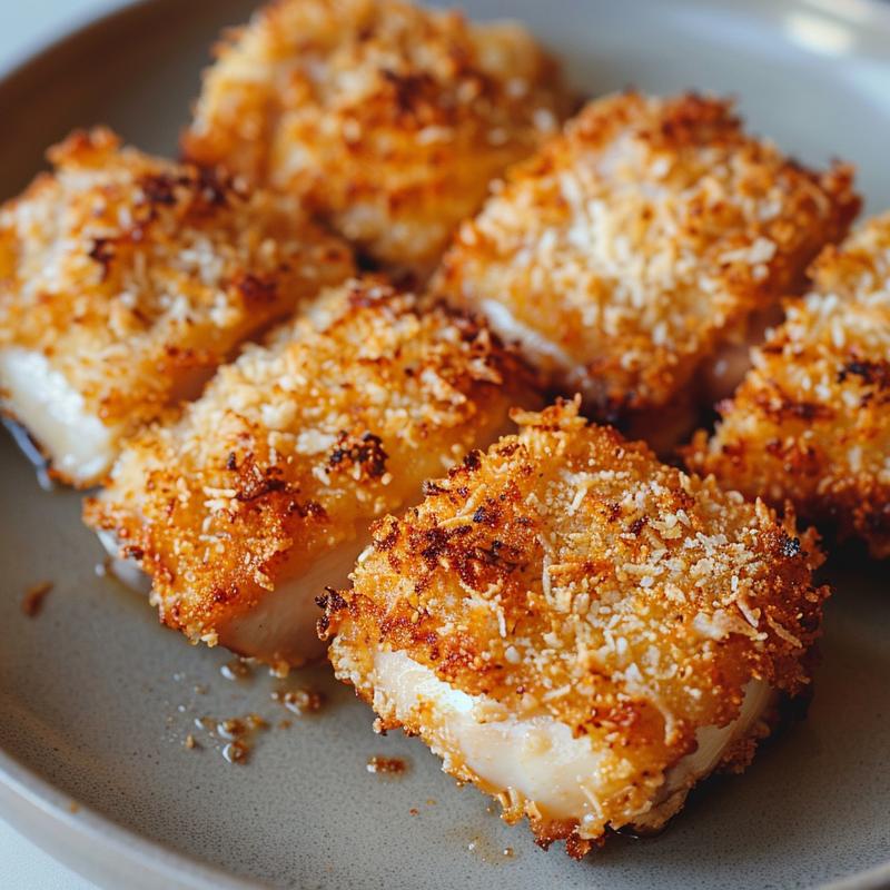 Close-up of golden-brown crispy panko chicken thigh on a light grey plate.
