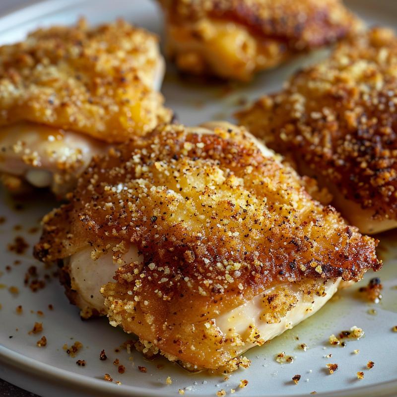 Close-up of crispy, golden-brown panko chicken thighs on a grey plate.