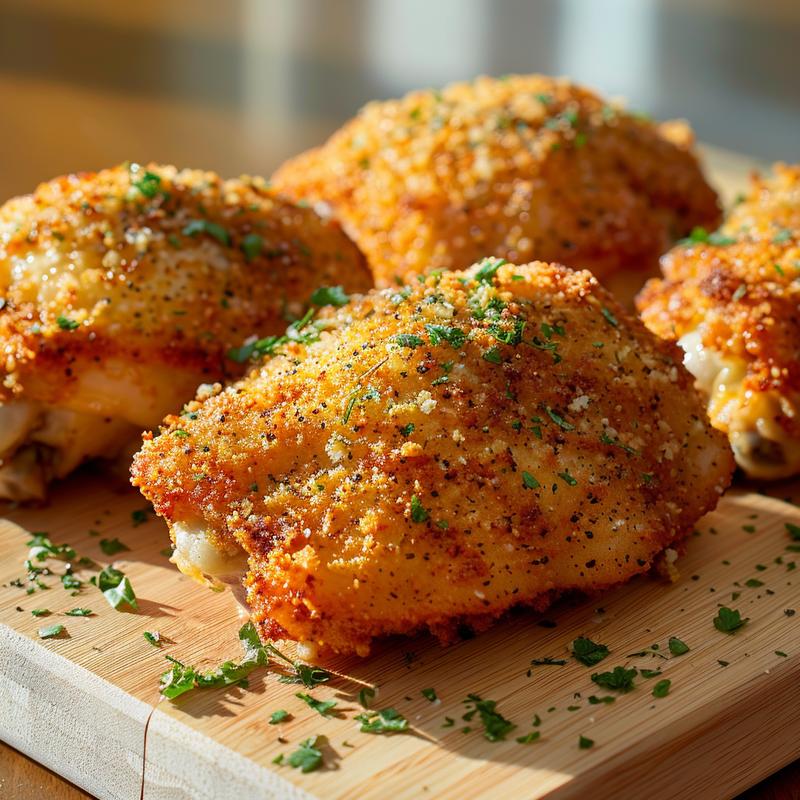 Close up of golden brown panko-crusted chicken thighs on a light wood surface.