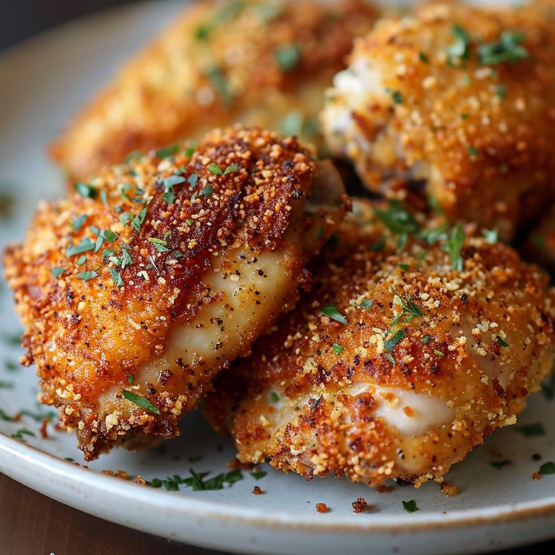 Close-up of golden-brown panko-crusted chicken thigh on a light grey plate.