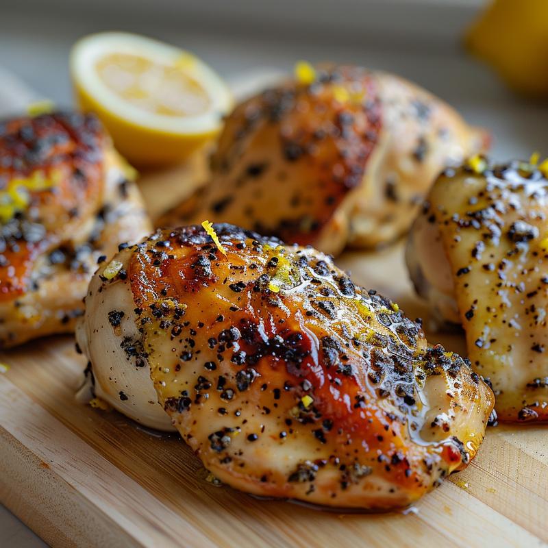 Close-up of lemon pepper baked chicken on wood.