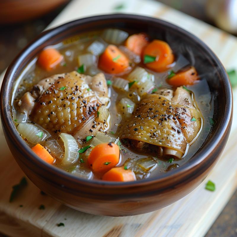 Close-up of chicken thigh soup with carrots and onion in a bowl on a wooden board.