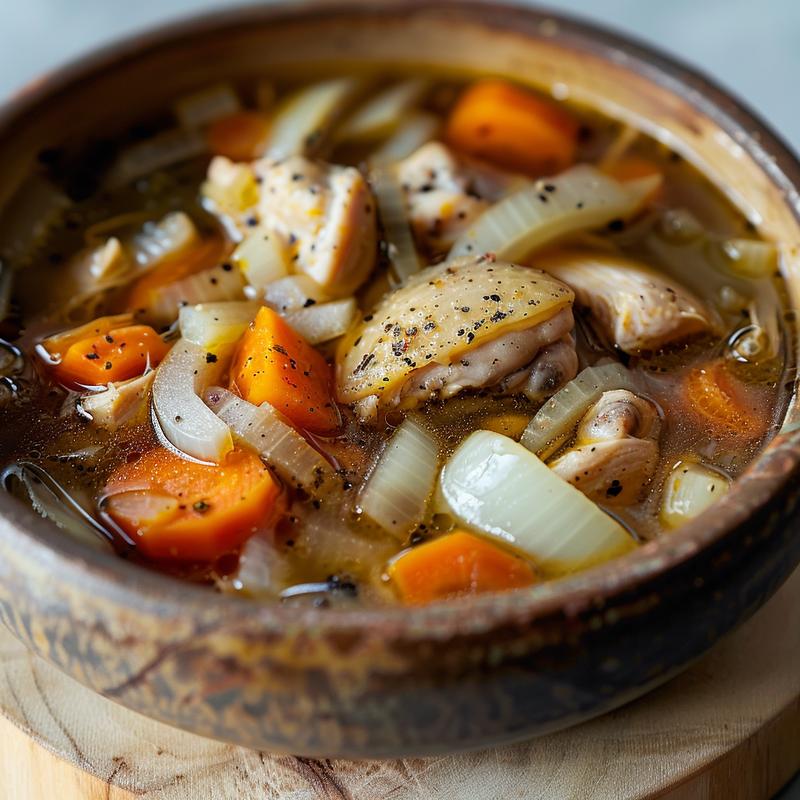 Close-up of chicken thigh soup in a bowl, showing ingredients like carrots and onions.