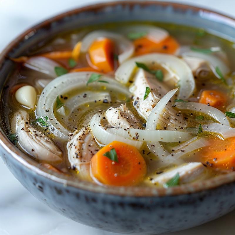 Close-up of chicken thigh soup with visible vegetables.