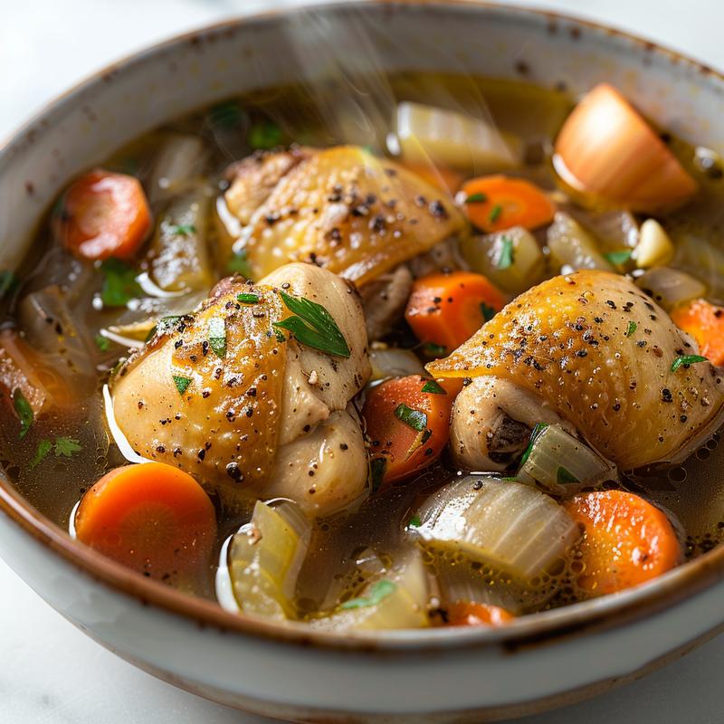 Steaming bowl of chicken thigh soup with visible vegetables.