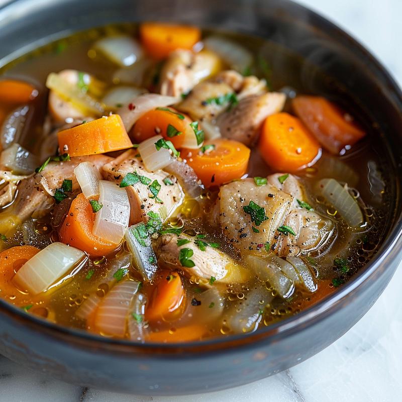 Close-up of chicken thigh soup with visible vegetables, steaming on white marble.