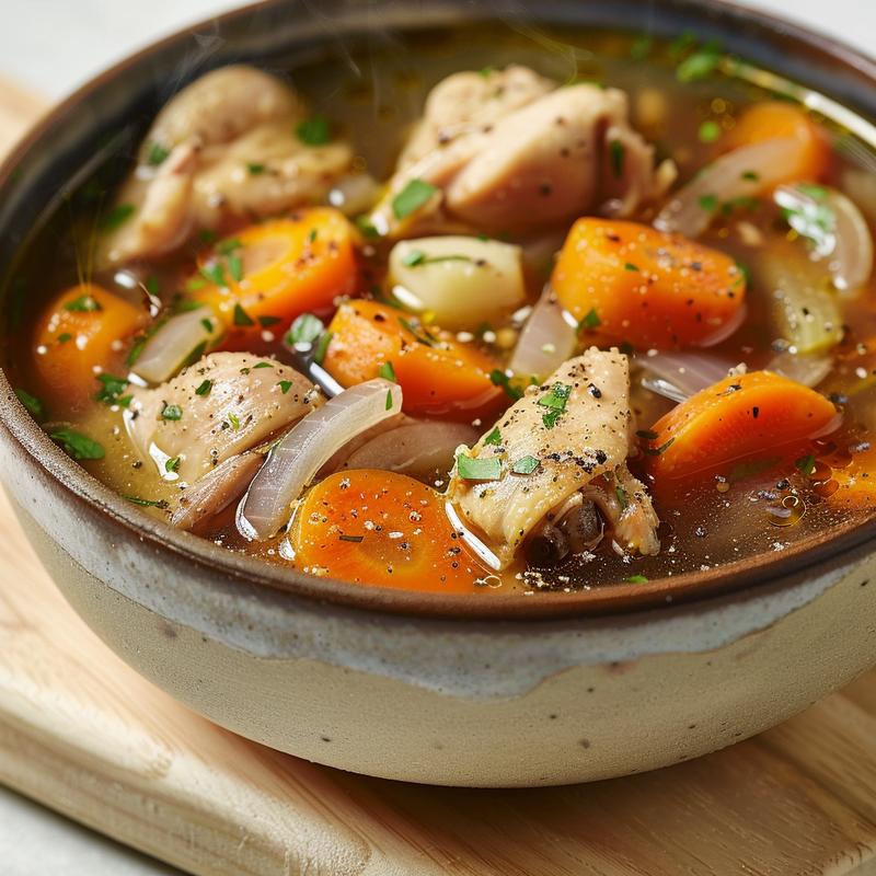 Close-up of chicken thigh soup in a bowl, showing ingredients like carrots and onions.