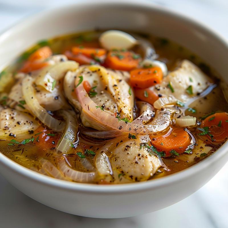 Steaming bowl of chicken thigh soup with visible vegetables on marble.