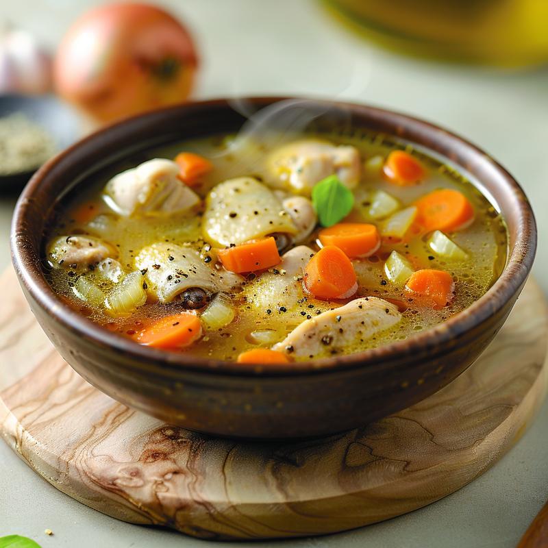 Steaming bowl of chicken thigh soup with visible vegetables on a wooden board.