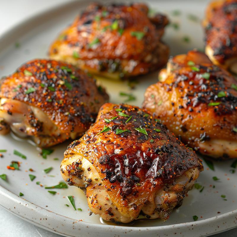 Close-up of seasoned, cooked chicken thighs on a gray plate.