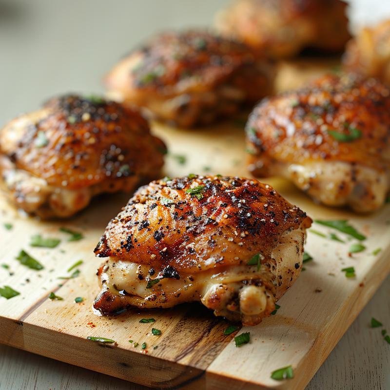 Close-up of seasoned cooked chicken thighs on wood.