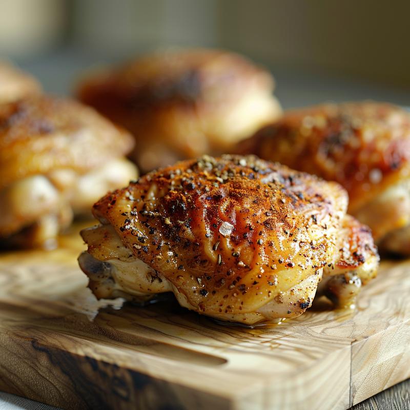 Close-up of seasoned cooked chicken thighs on a wood board.