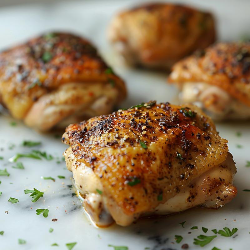 Close-up of cooked chicken thighs with visible spices on a white marble surface.
