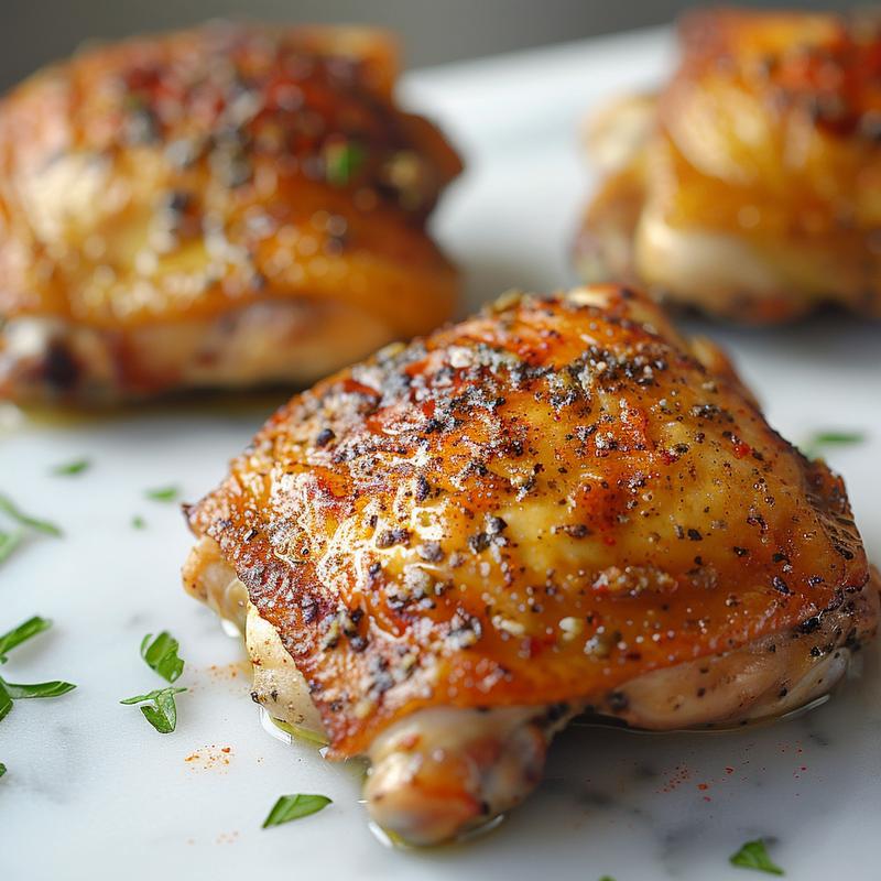 Close-up of seasoned baked chicken thighs on white marble.
