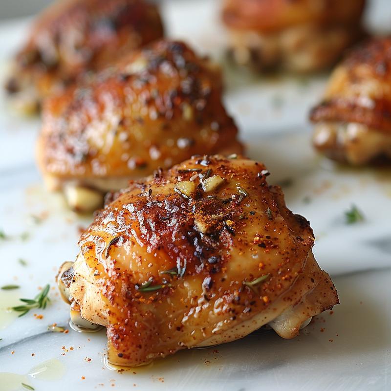 Close-up of seasoned cooked chicken thighs on white marble.