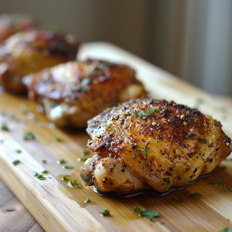 Close-up of seasoned, cooked chicken thighs on a wooden board.