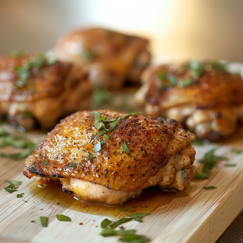 Close-up of seasoned chicken thighs on a wooden board.