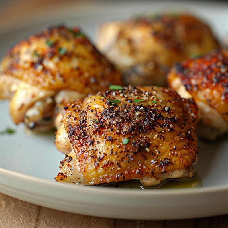 Close-up of cooked chicken thighs on a grey plate.