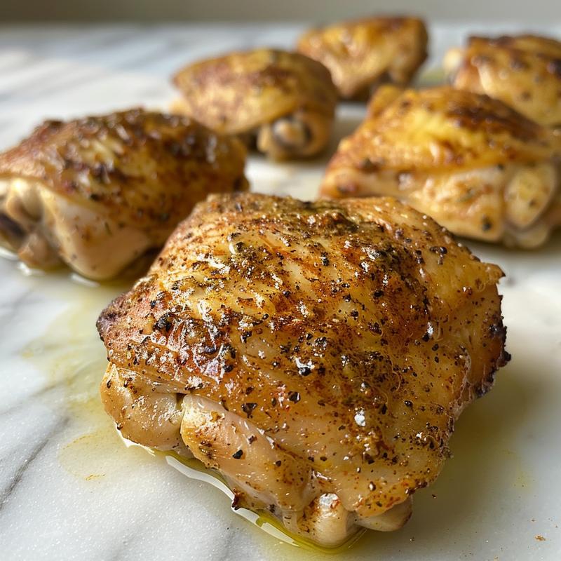 Close-up of seasoned, cooked chicken thighs on white marble.