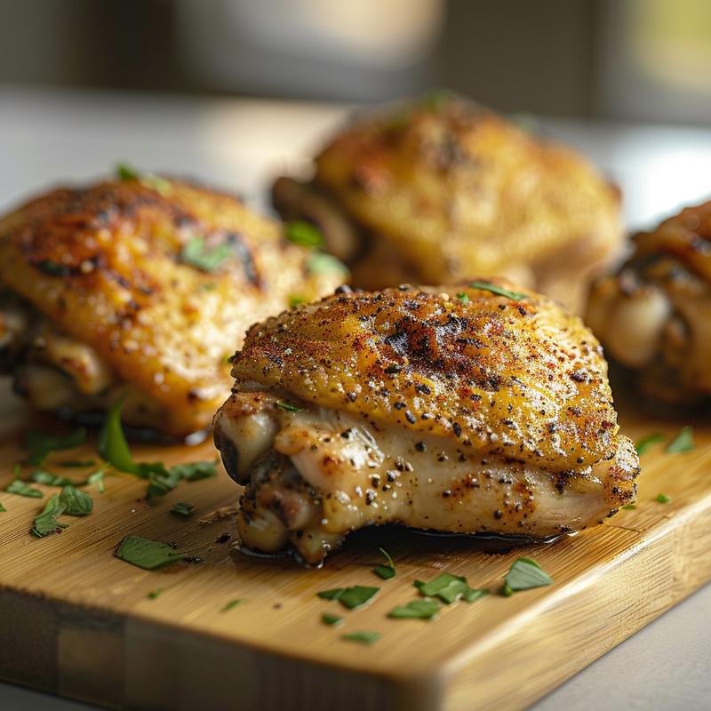 Close-up of seasoned baked chicken thighs on a light wooden board.