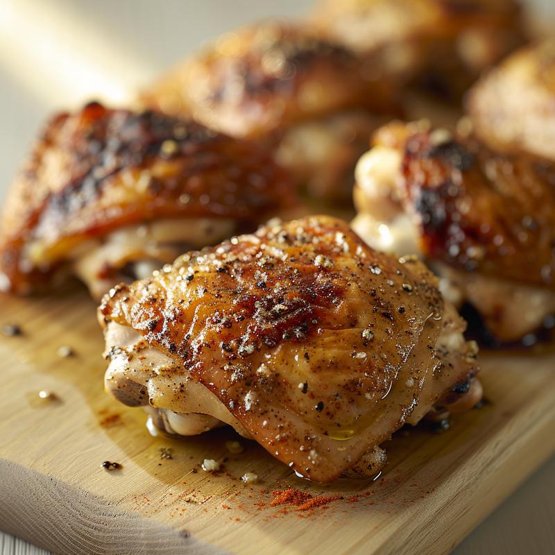 Close-up of seasoned cooked chicken thighs on a wooden board.