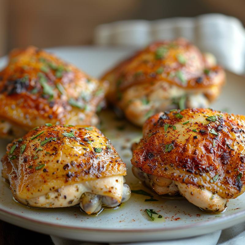 Close-up of seasoned, cooked chicken thighs on a grey plate.