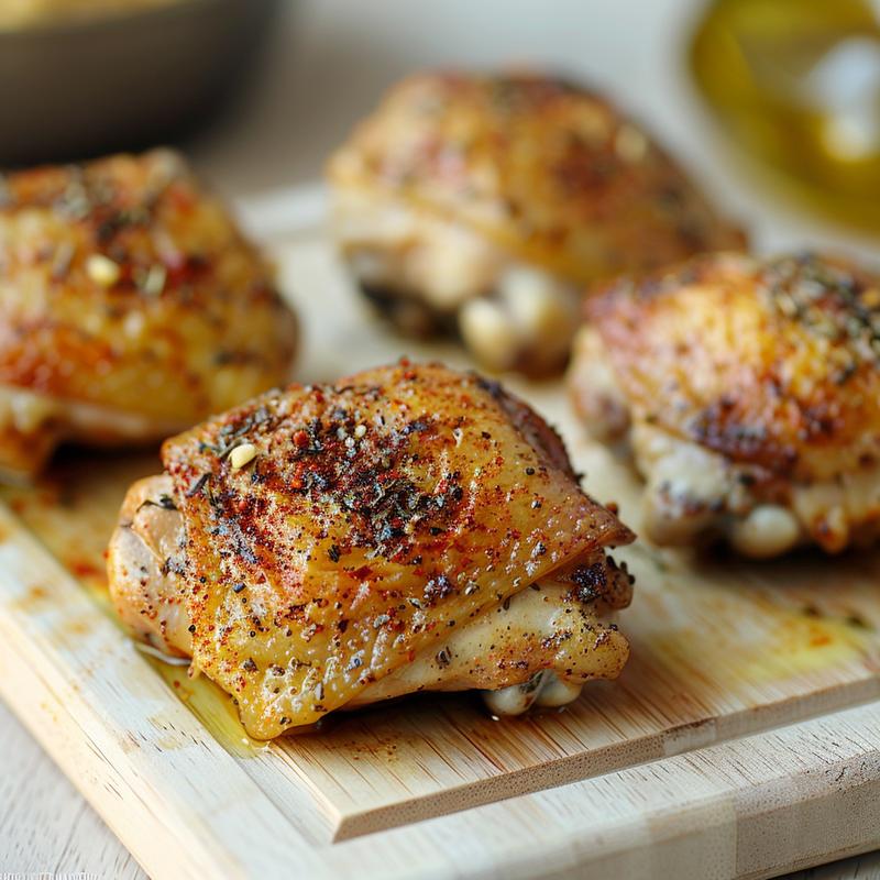 Close-up of seasoned, cooked chicken thighs on a light wood board.