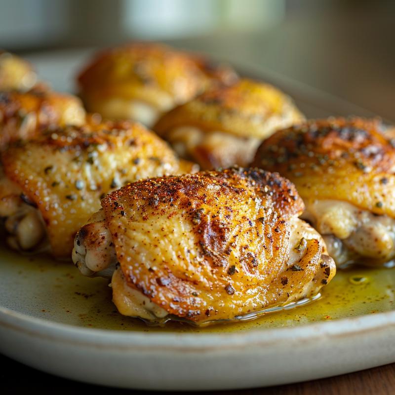 Close-up of seasoned cooked chicken thighs on a plate.