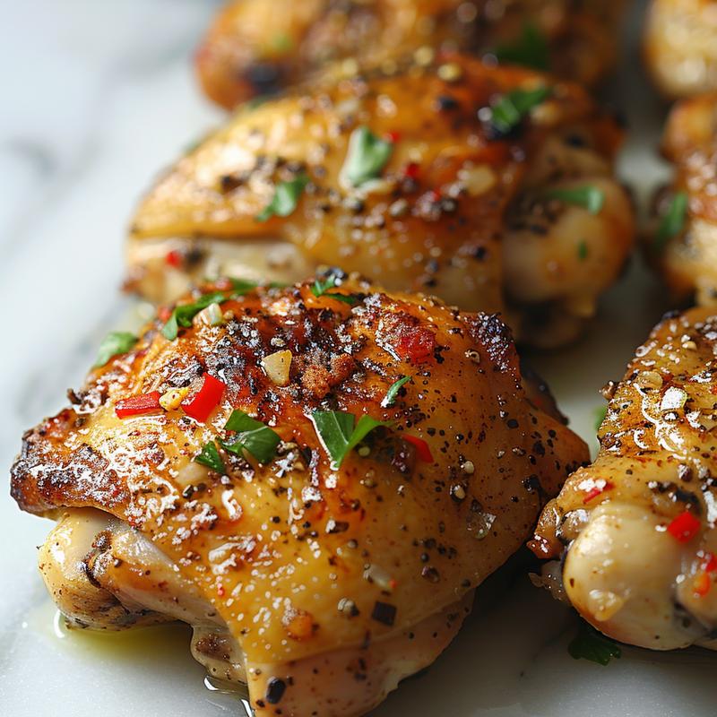 Close-up of cooked chicken thighs on white marble.