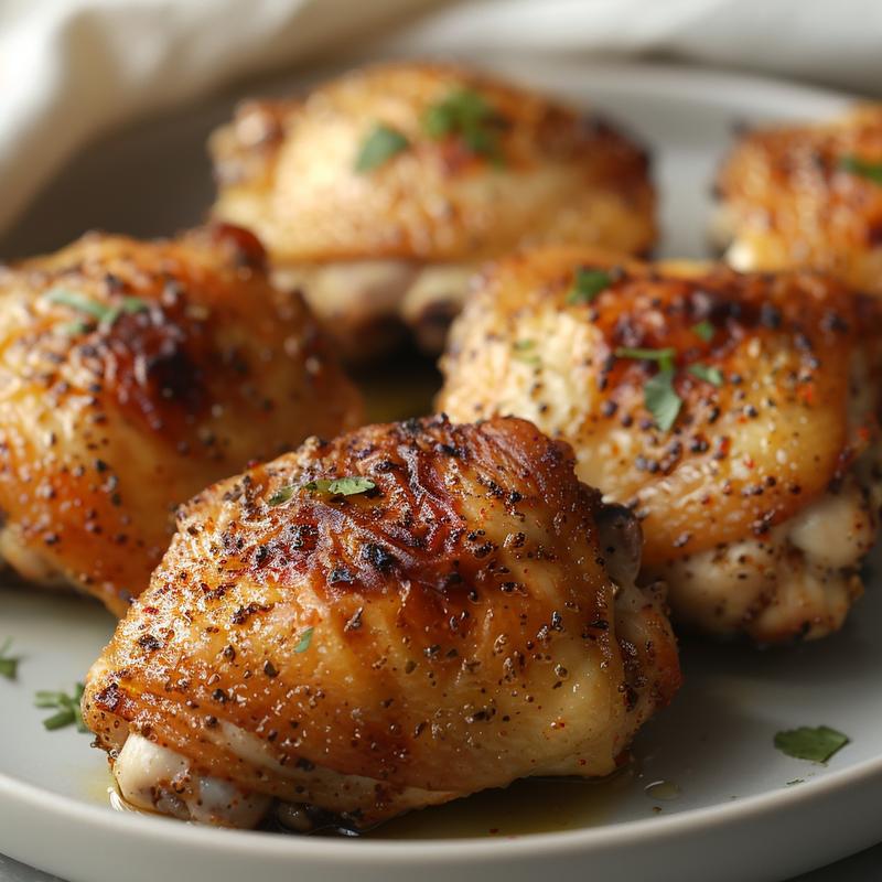 Close-up of seasoned, cooked chicken thighs on a light gray plate.