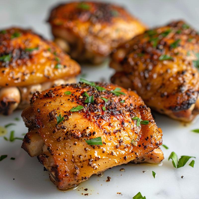 Close-up of golden-brown air-fried chicken thighs on white marble.