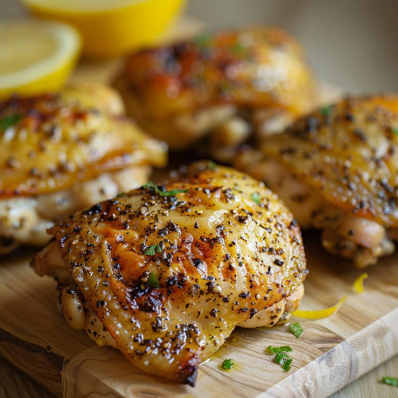 Close-up of lemon pepper chicken thighs on a light wood board.