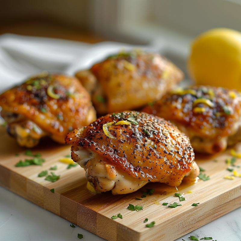 Close-up of lemon pepper chicken thighs on wood.
