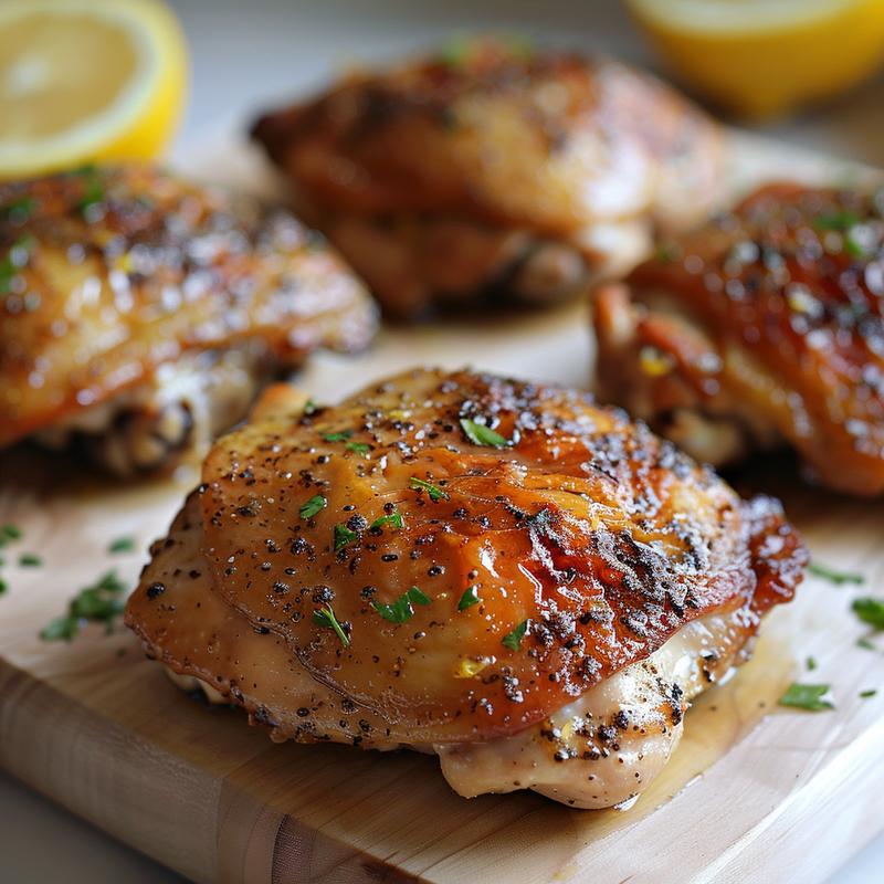 Close-up of baked lemon pepper chicken thighs on a wood board.