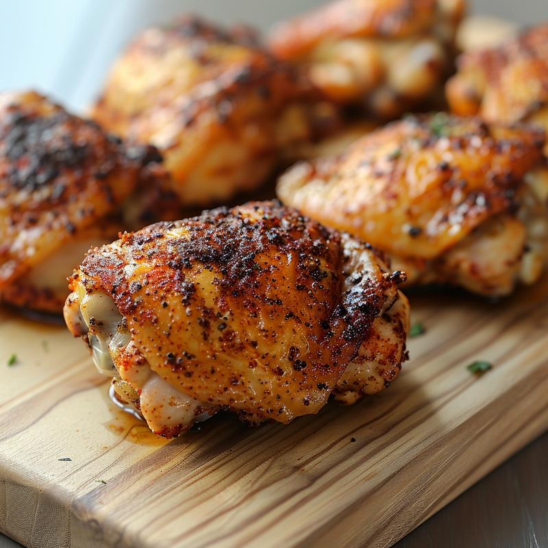 Close up of golden-brown air fryer chicken thighs on a light wood surface.